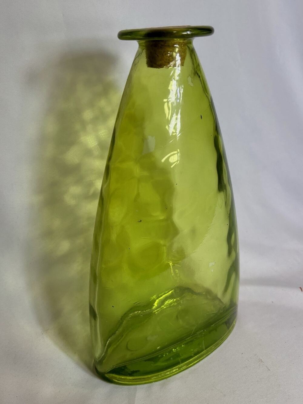 Amano Spain Green Art Glass Decanter Hand Blown Bottle w Cork Vintage